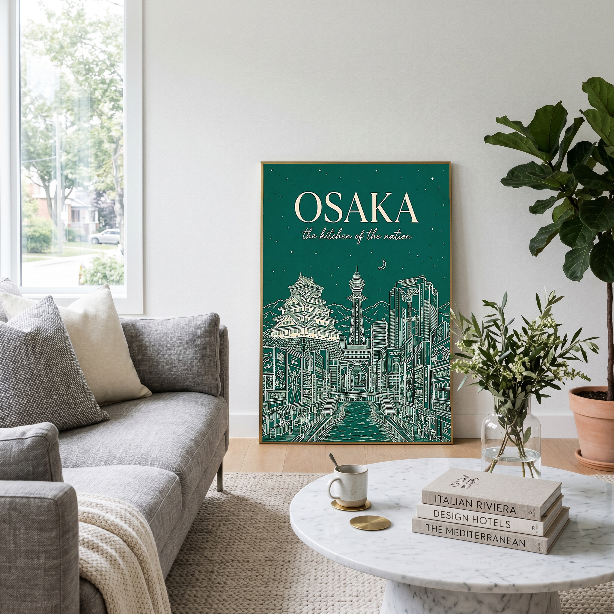 Osaka Line Art Print — Forest Green Osaka Castle Tsutenkaku Dotonbori Wall Art