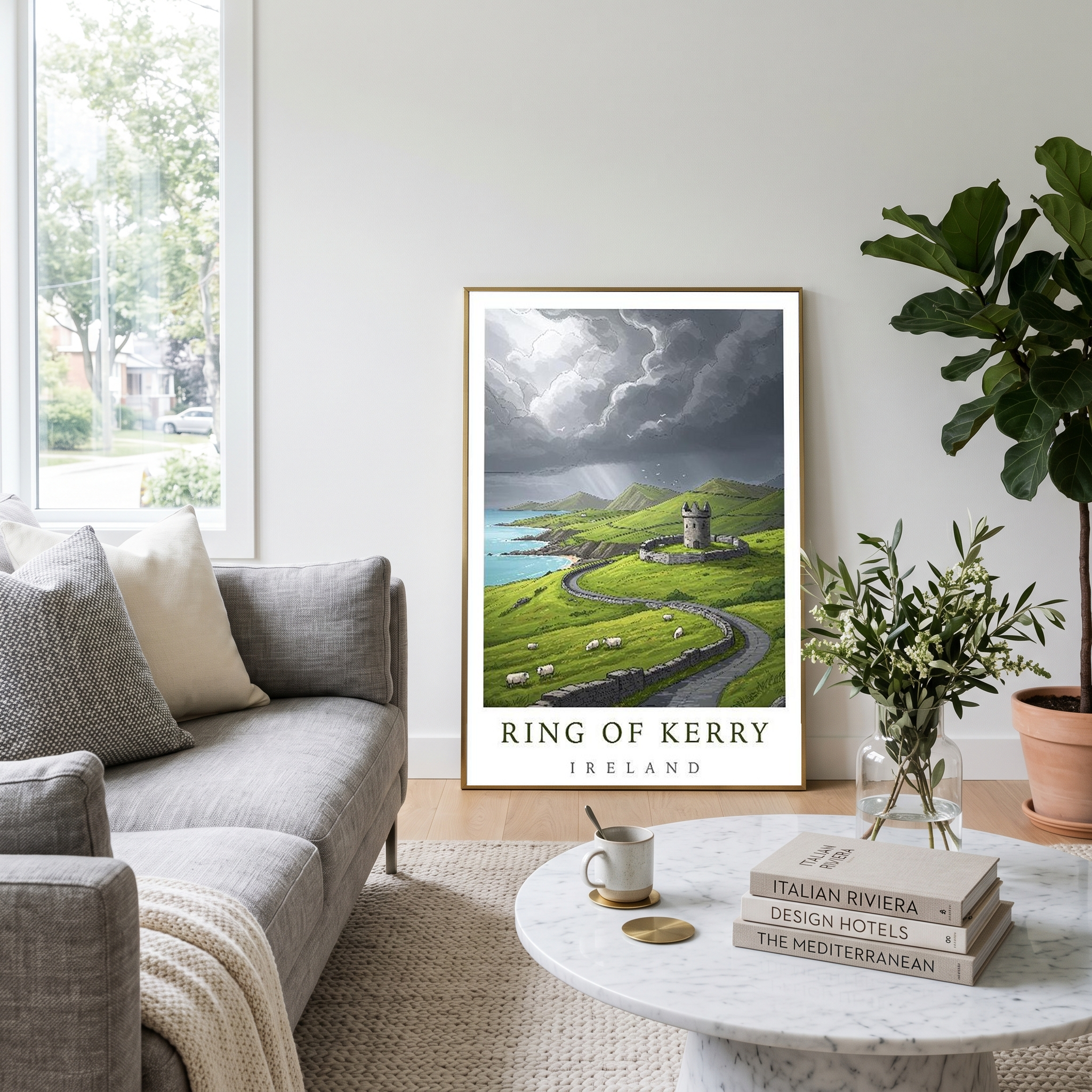 Ring of Kerry Ireland Travel Poster — Coastal Castle Sheep Stone Wall Print