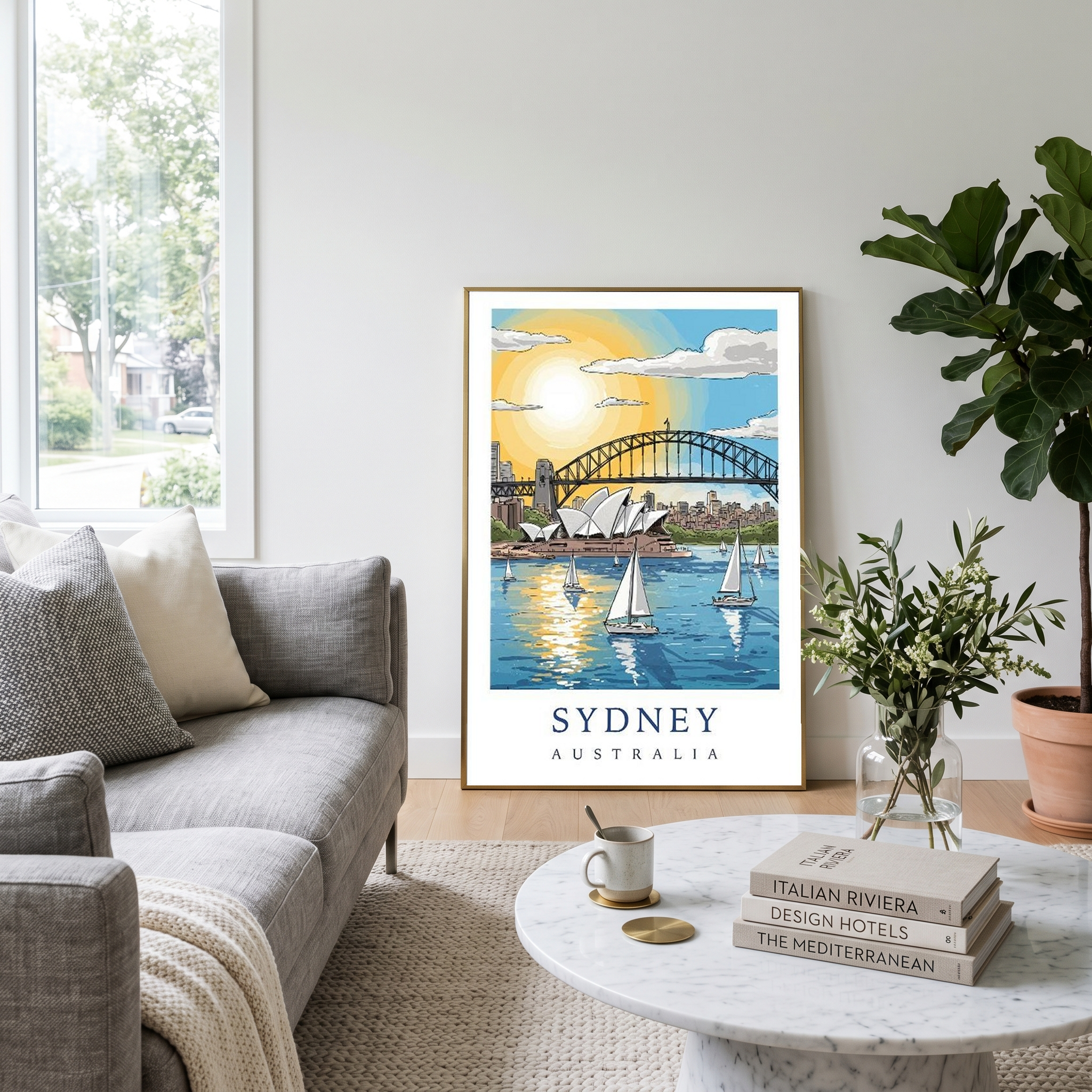 Sydney Australia Travel Poster — Opera House Harbour Bridge Sailboat Print