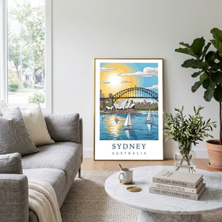 Sydney Australia Travel Poster — Opera House Harbour Bridge Sailboat Print