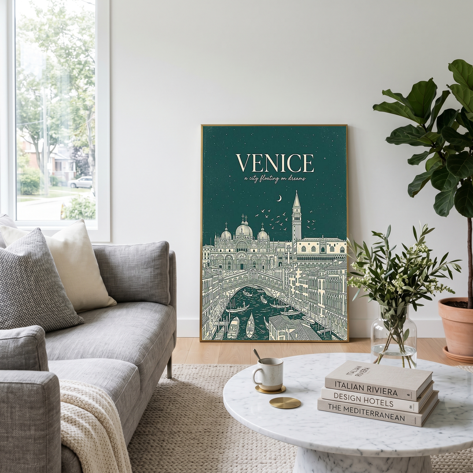 Venice Line Art Print — Forest Green St. Mark's Basilica Rialto Bridge Wall Art