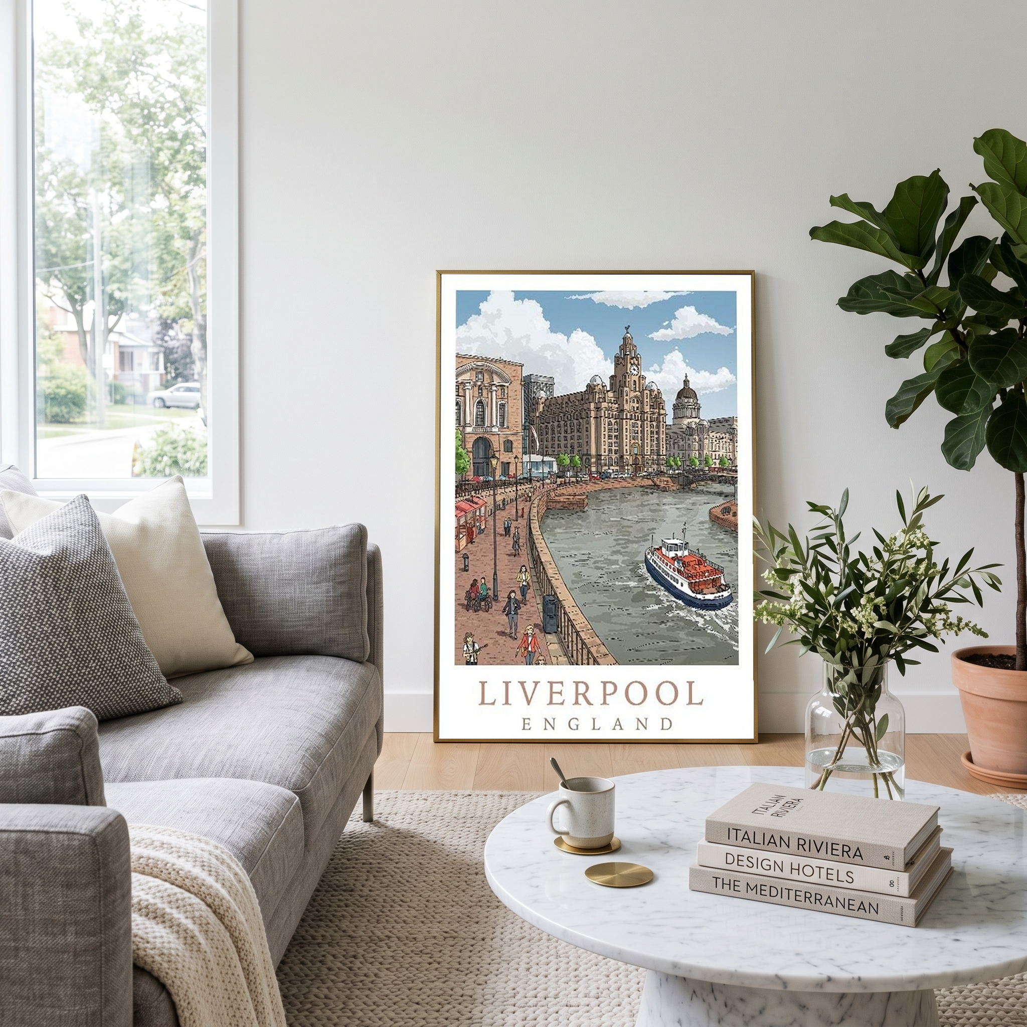 Liverpool England Travel Poster — Pier Head Liver Building Waterfront Print