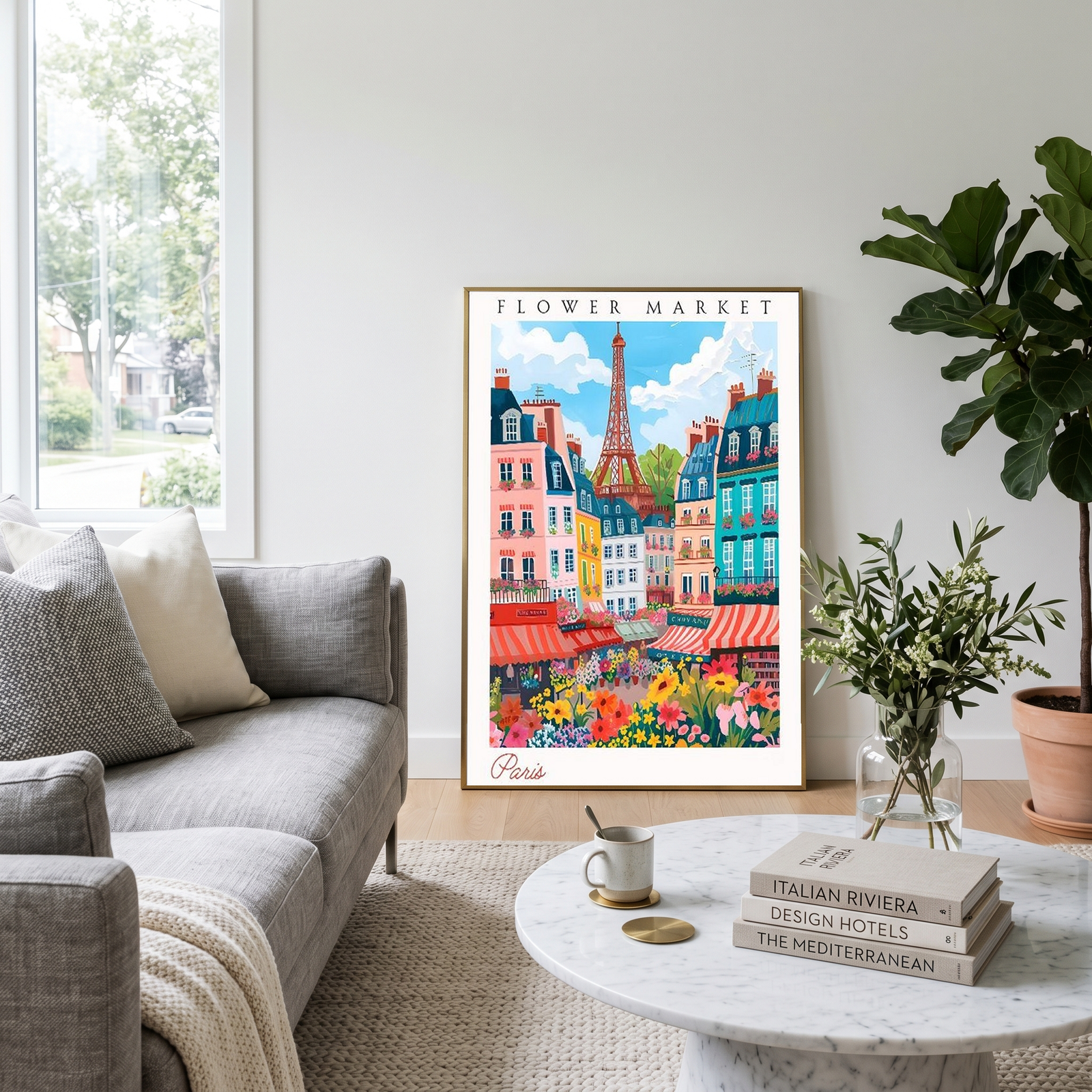 Paris Flower Market Print — Eiffel Tower Cityscape French Botanical Art