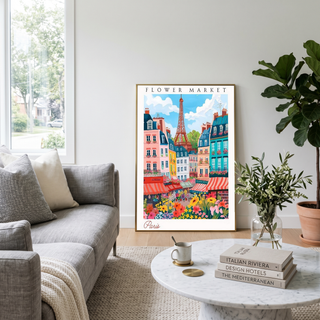 Paris Flower Market Print — Eiffel Tower Cityscape French Botanical Art