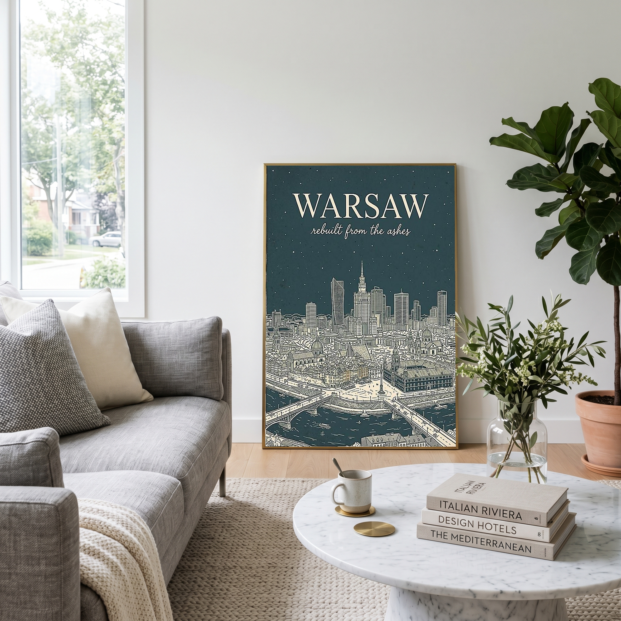 Warsaw Line Art Print — Slate Old Town Palace of Culture Skyline Wall Art