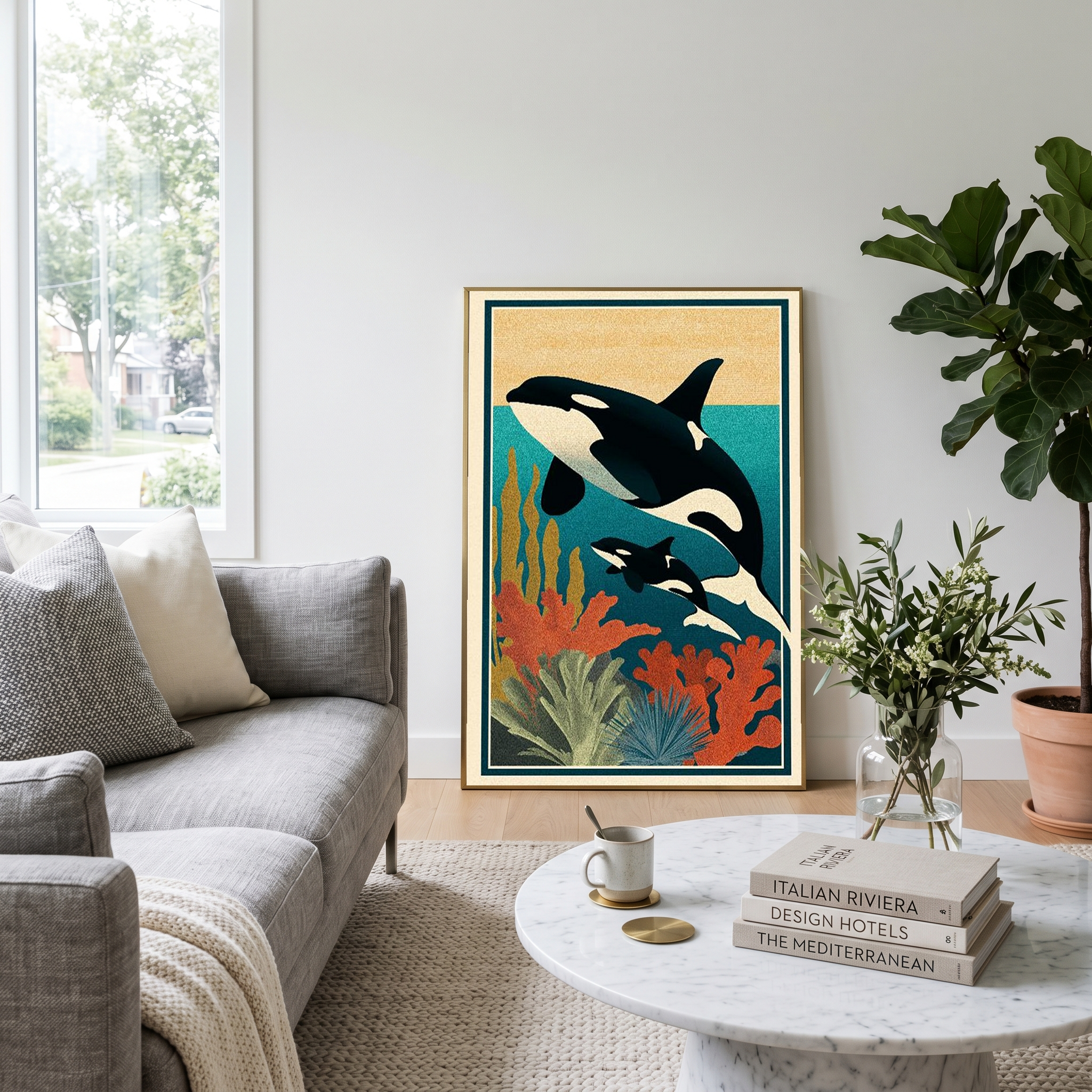 Orca Mother & Calf Ocean Reef Poster - Coastal Wildlife Wall Art