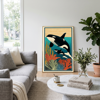 Orca Mother & Calf Ocean Reef Poster - Coastal Wildlife Wall Art