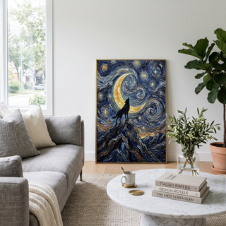 Black Wolf Howling Crescent Moon Print — Van Gogh-Style Mountain Wall Art
