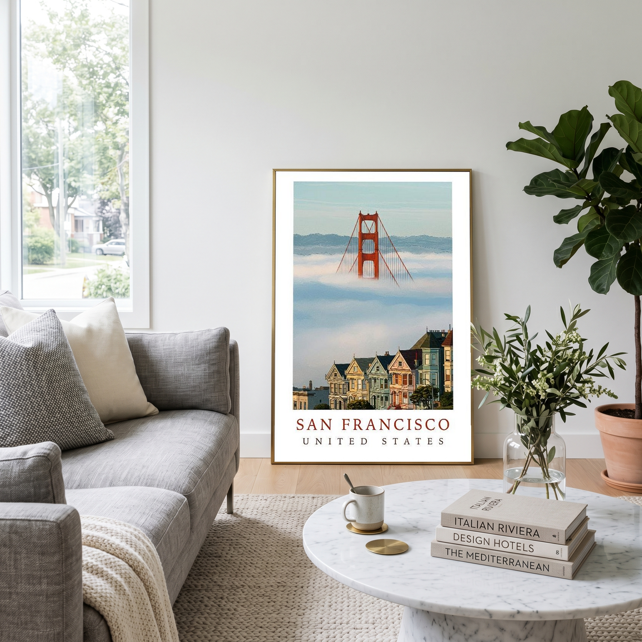 San Francisco Travel Poster — Golden Gate Bridge Painted Ladies Print