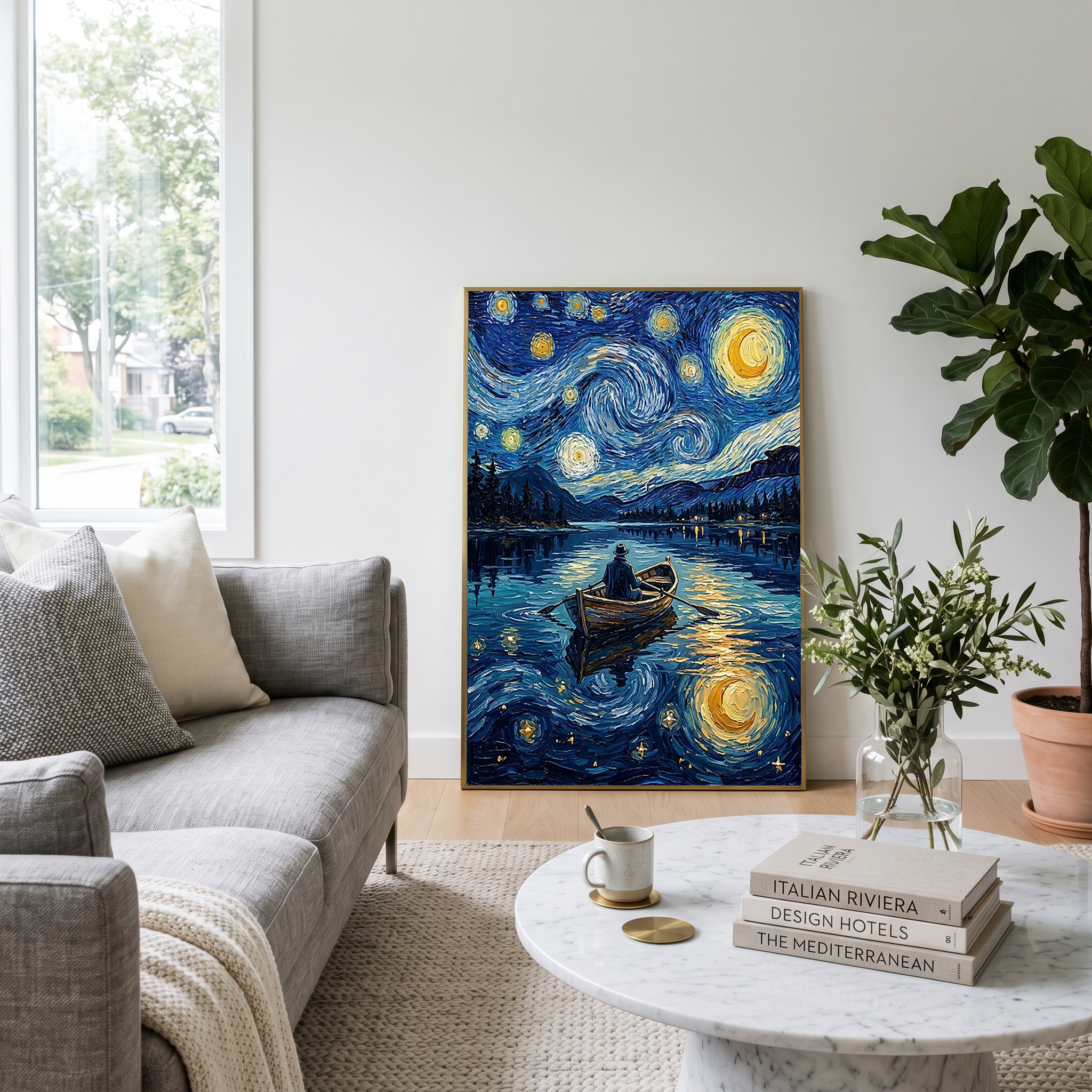 Moonlit Lake Rowboat Print — Van Gogh-Style Night Fishing Cabin Wall Art