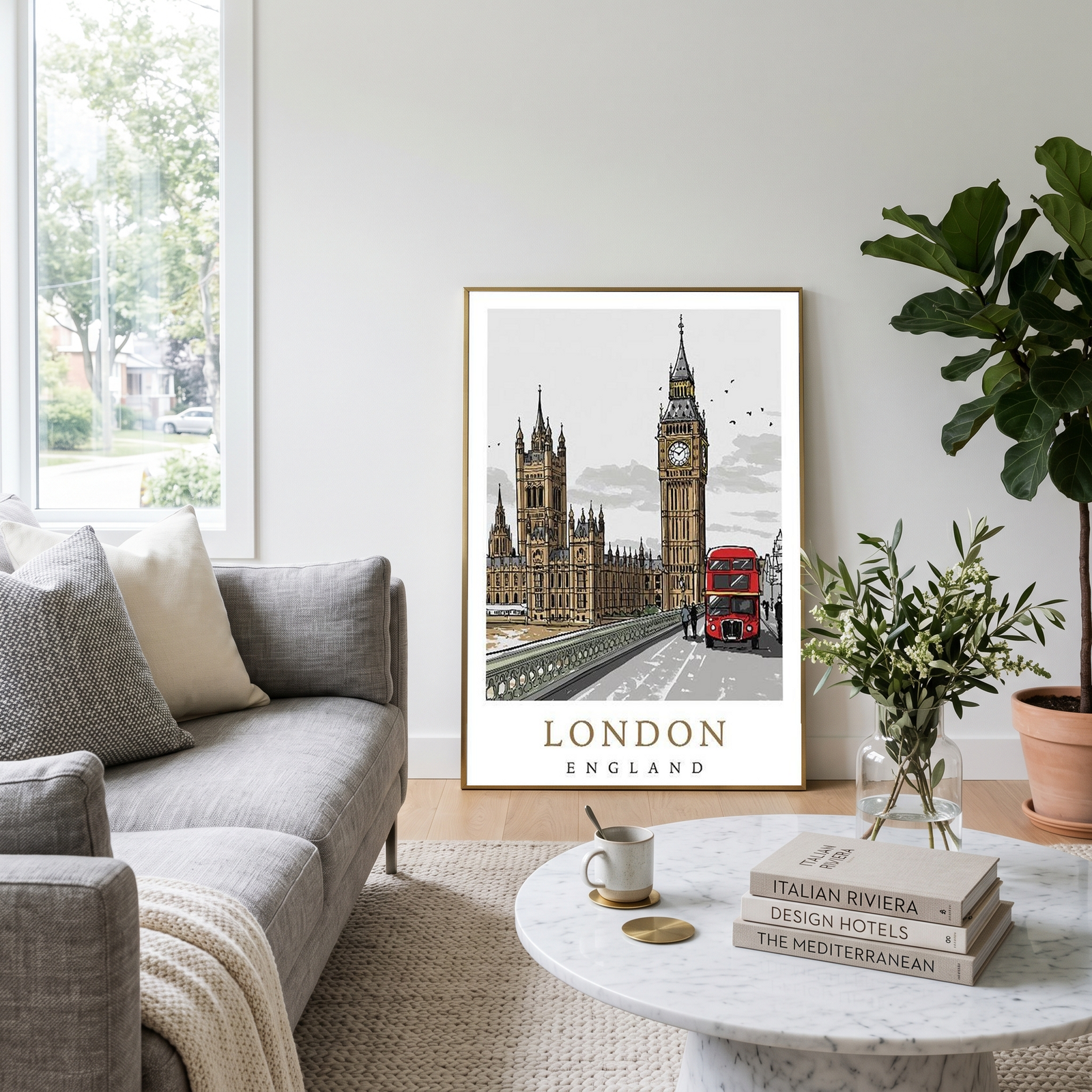 London Travel Poster — Big Ben Houses of Parliament Red Bus Print