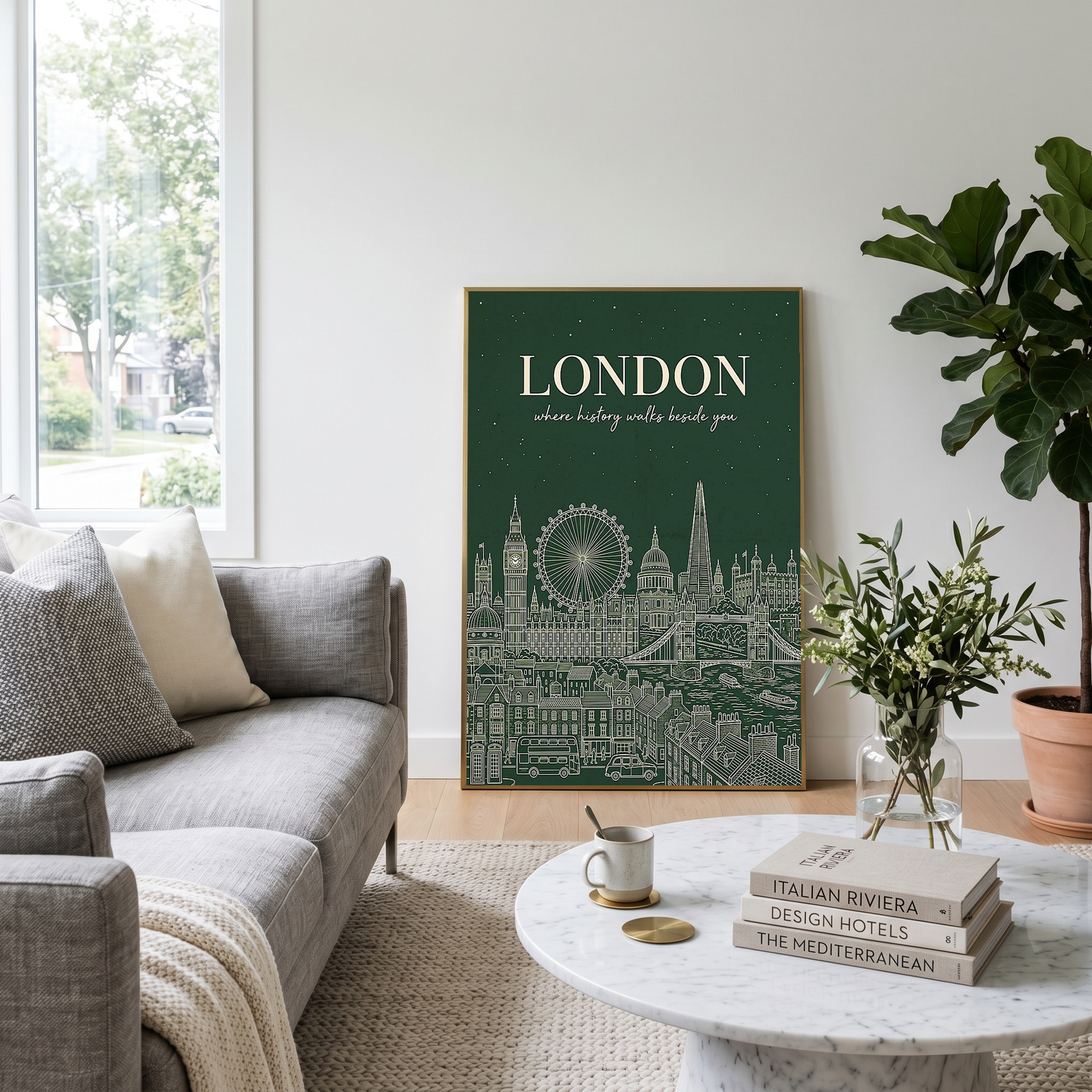 London Line Art Print — Forest Green Big Ben London Eye Skyline Wall Art