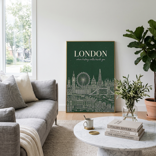 London Line Art Print — Forest Green Big Ben London Eye Skyline Wall Art