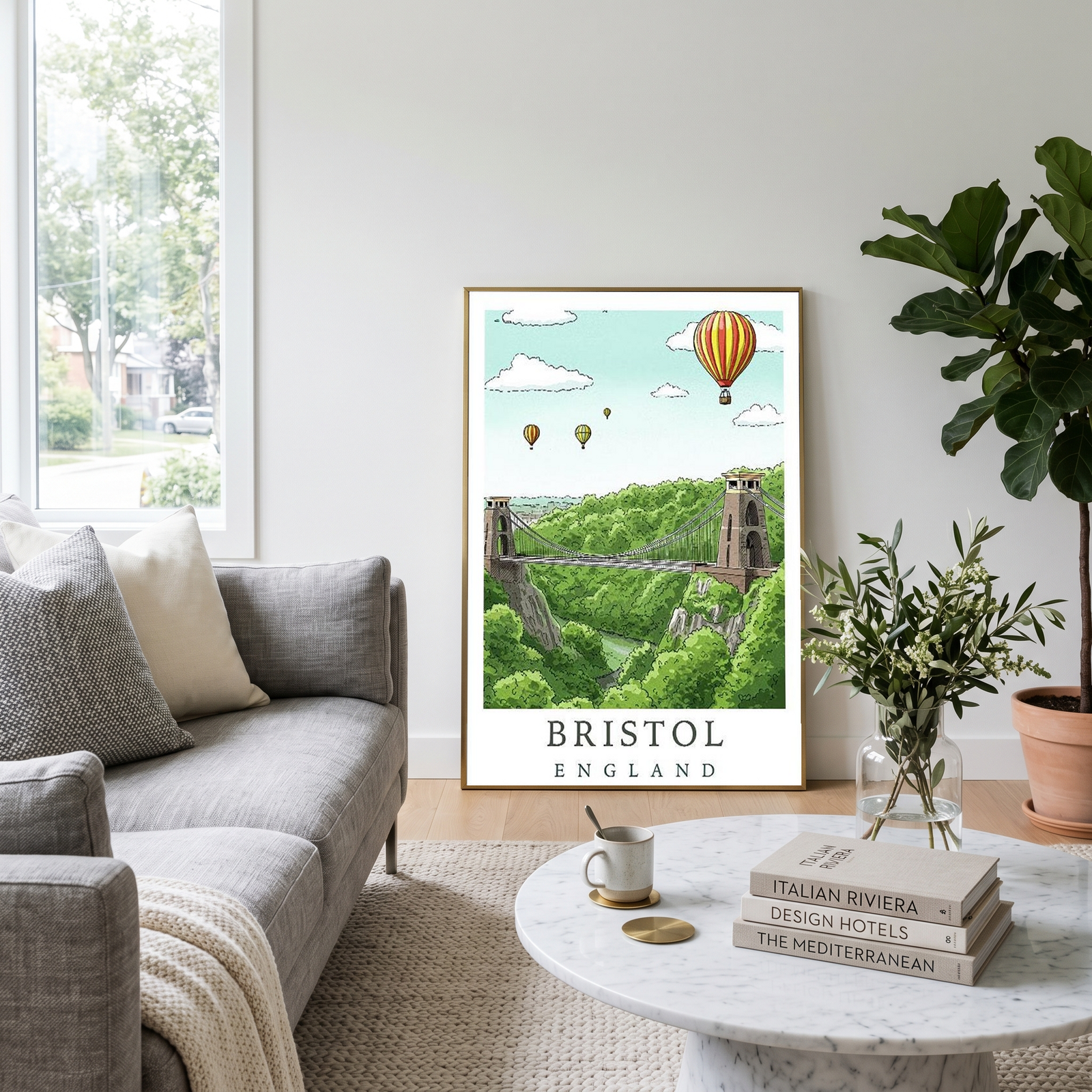 Bristol England Travel Poster — Clifton Bridge Hot Air Balloon Print