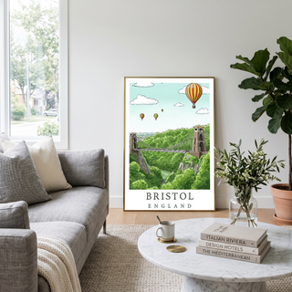 Bristol England Travel Poster — Clifton Bridge Hot Air Balloon Print