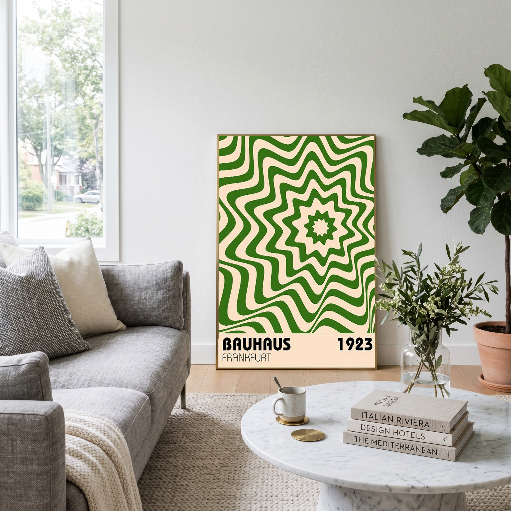 Bauhaus Frankfurt 1923 Poster - Green Geometric Wavy Star Print