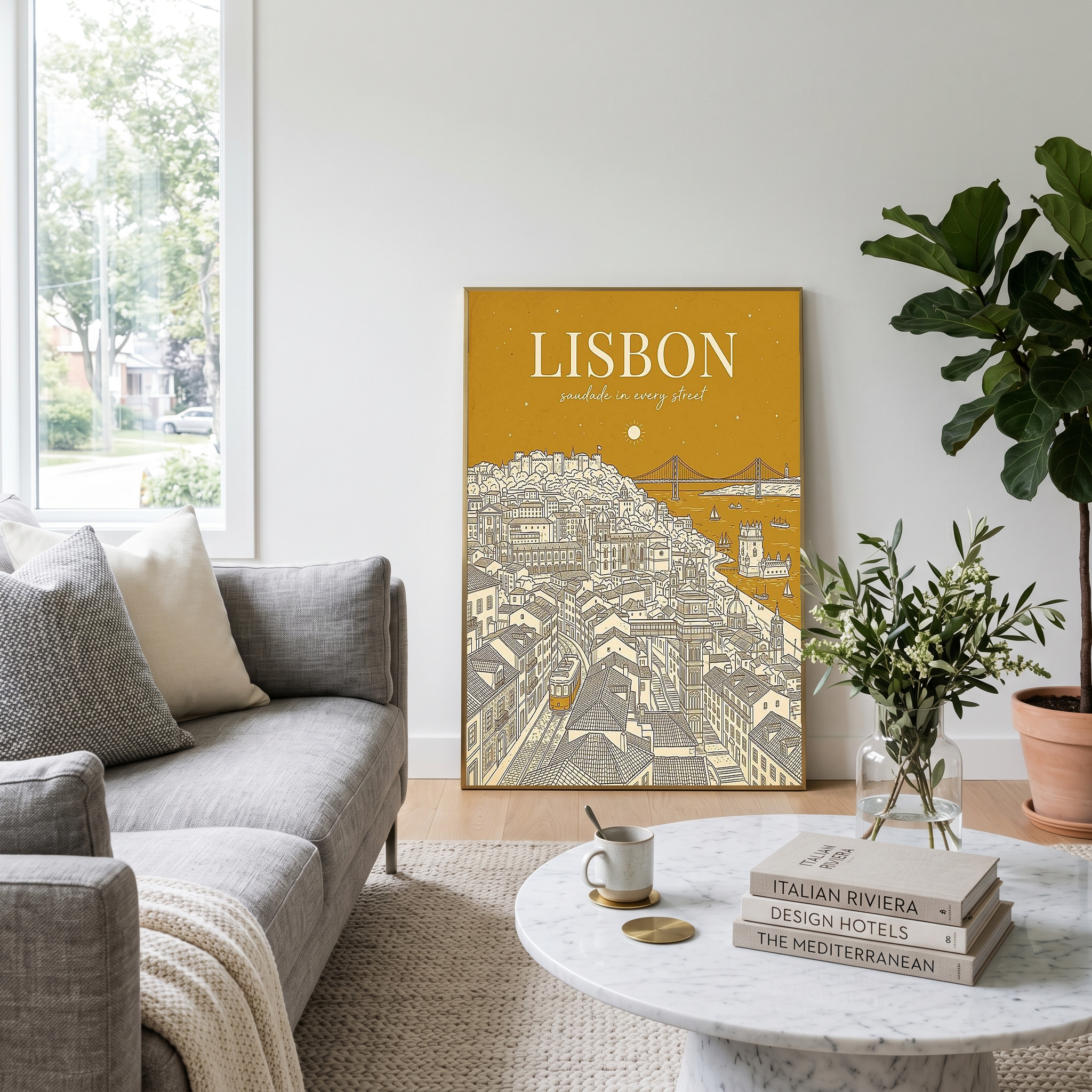 Lisbon Line Art Print — Mustard Yellow Tram Belém Tower Skyline Wall Art