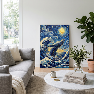 Breaching Whale Starry Night Print — Van Gogh-Style Ocean Humpback Wall Art
