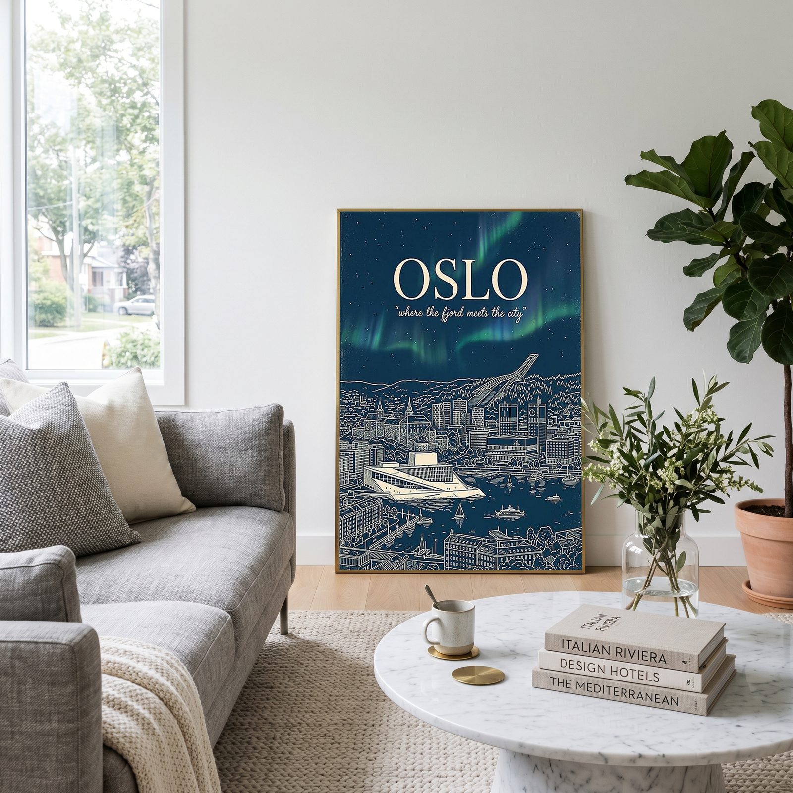 Oslo Line Art Print — Navy Opera House Fjord Aurora Borealis Skyline Wall Art