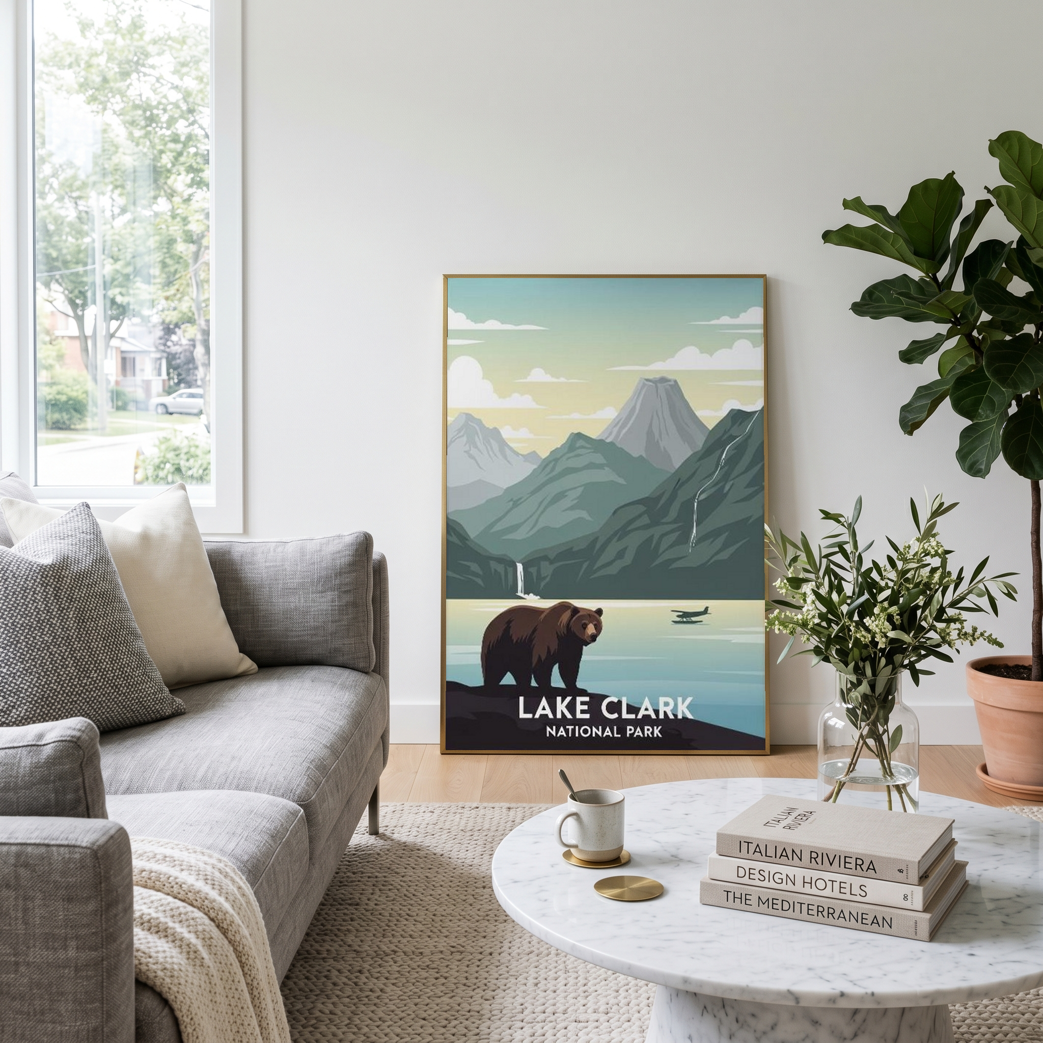 Lake Clark National Park Poster — Vintage Alaska Brown Bear Floatplane Print