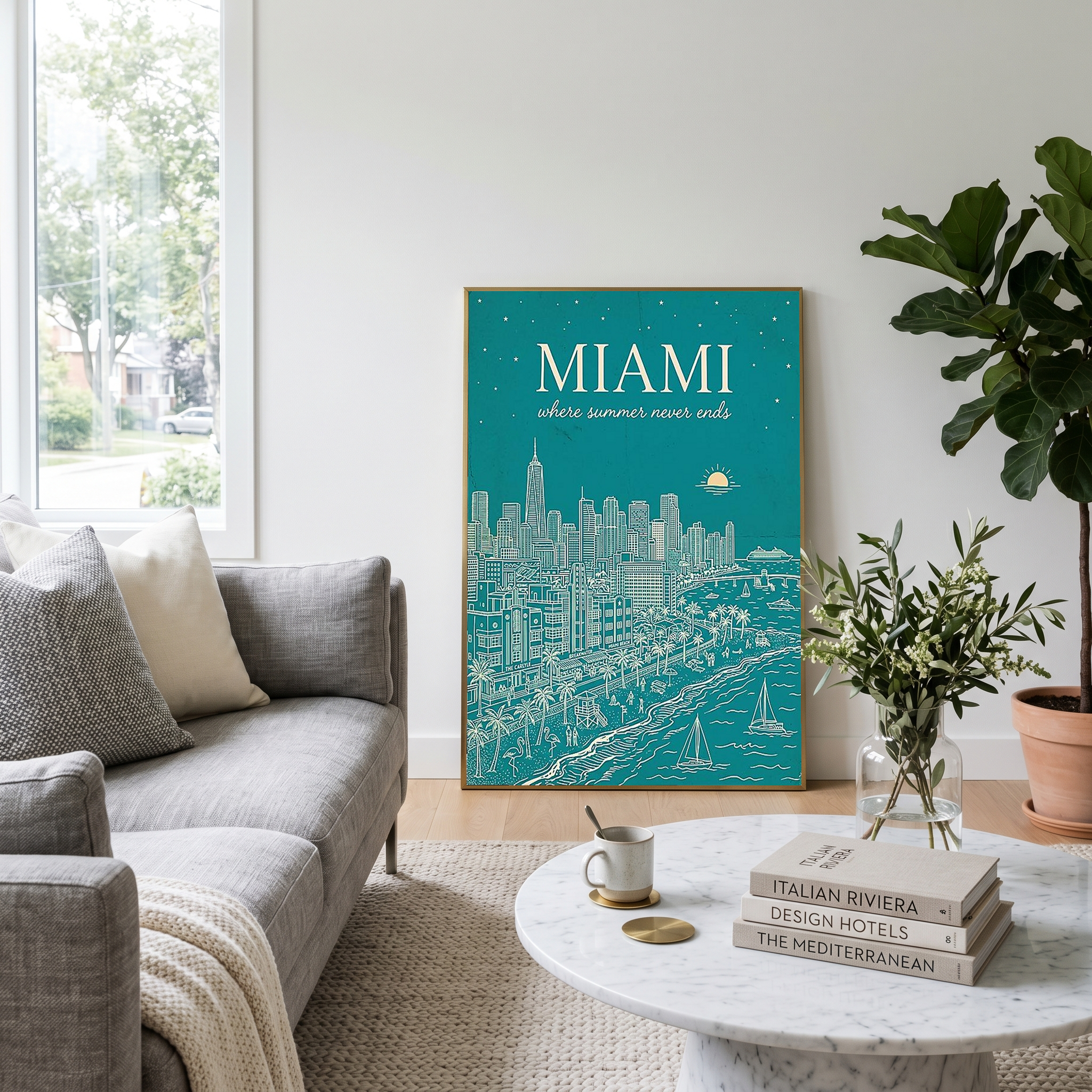 Miami Line Art Print — Teal South Beach Skyline Art Deco Wall Art