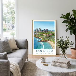 San Diego Travel Poster — Coastal Skyline Cabrillo Beach Print
