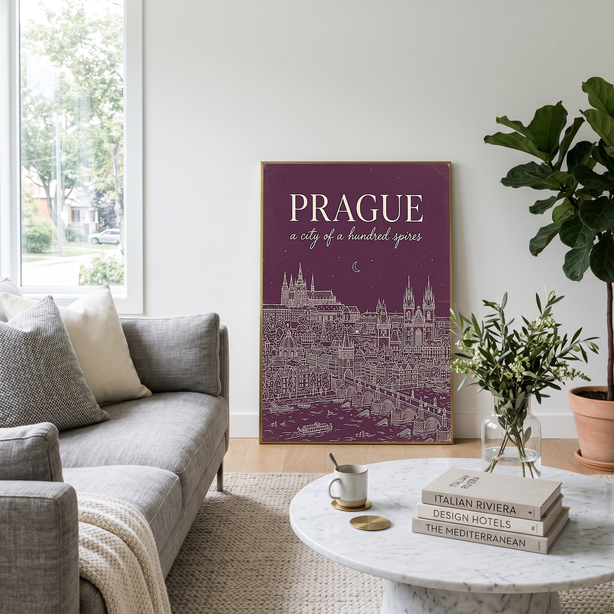 Prague Line Art Print — Plum Castle Charles Bridge Skyline Wall Art