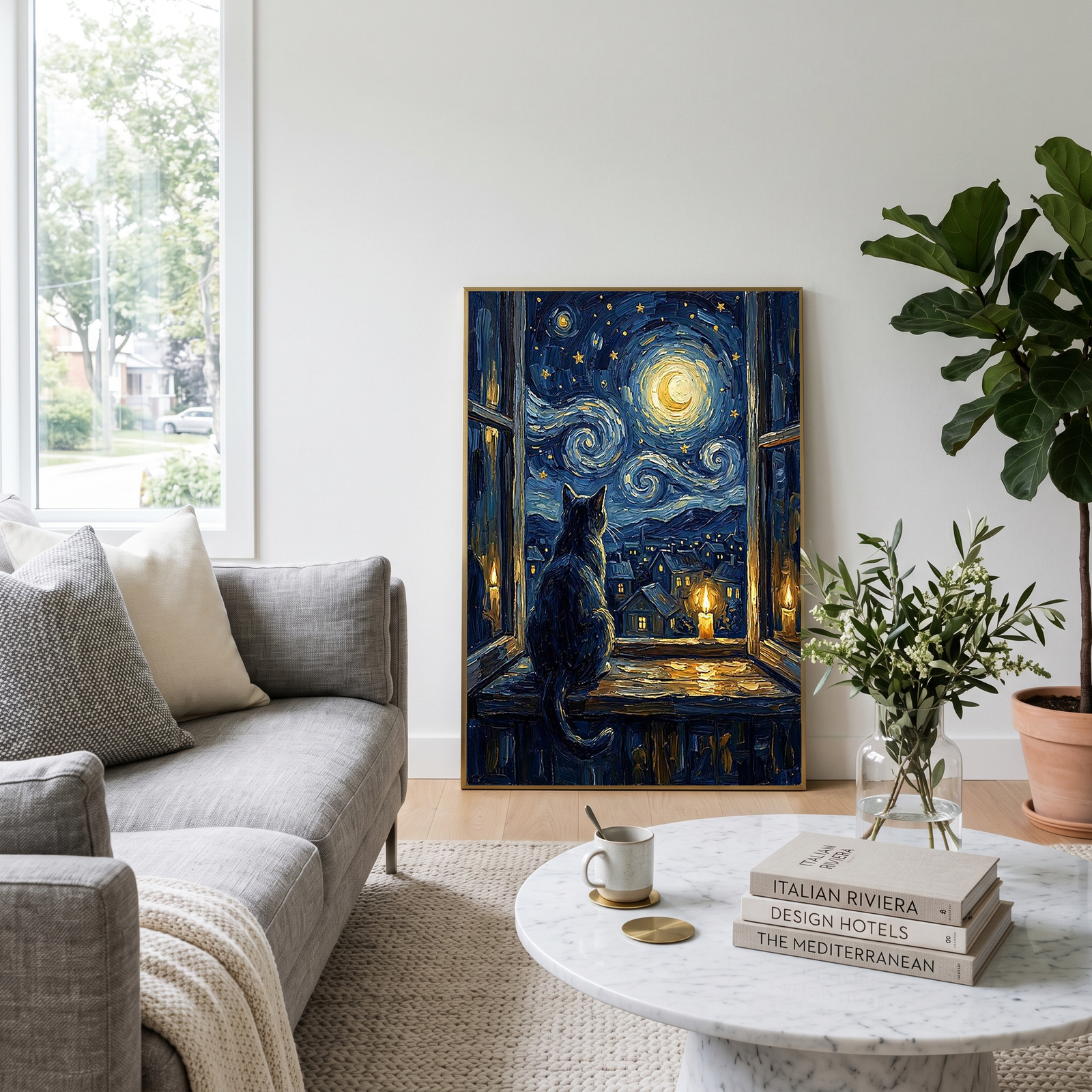 Cat at Candlelit Window Print — Van Gogh Starry Night Village Wall Art