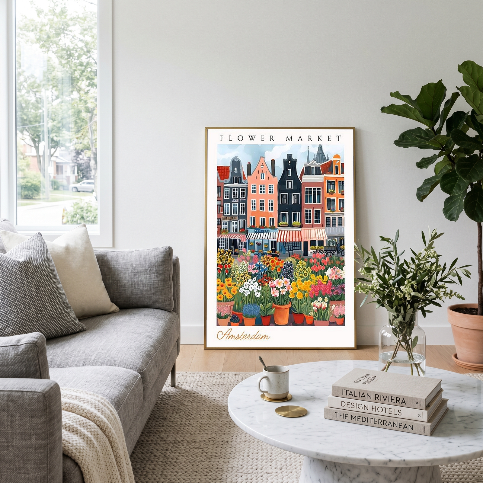 Amsterdam Flower Market Print — Canal Houses Tulip Cityscape Art