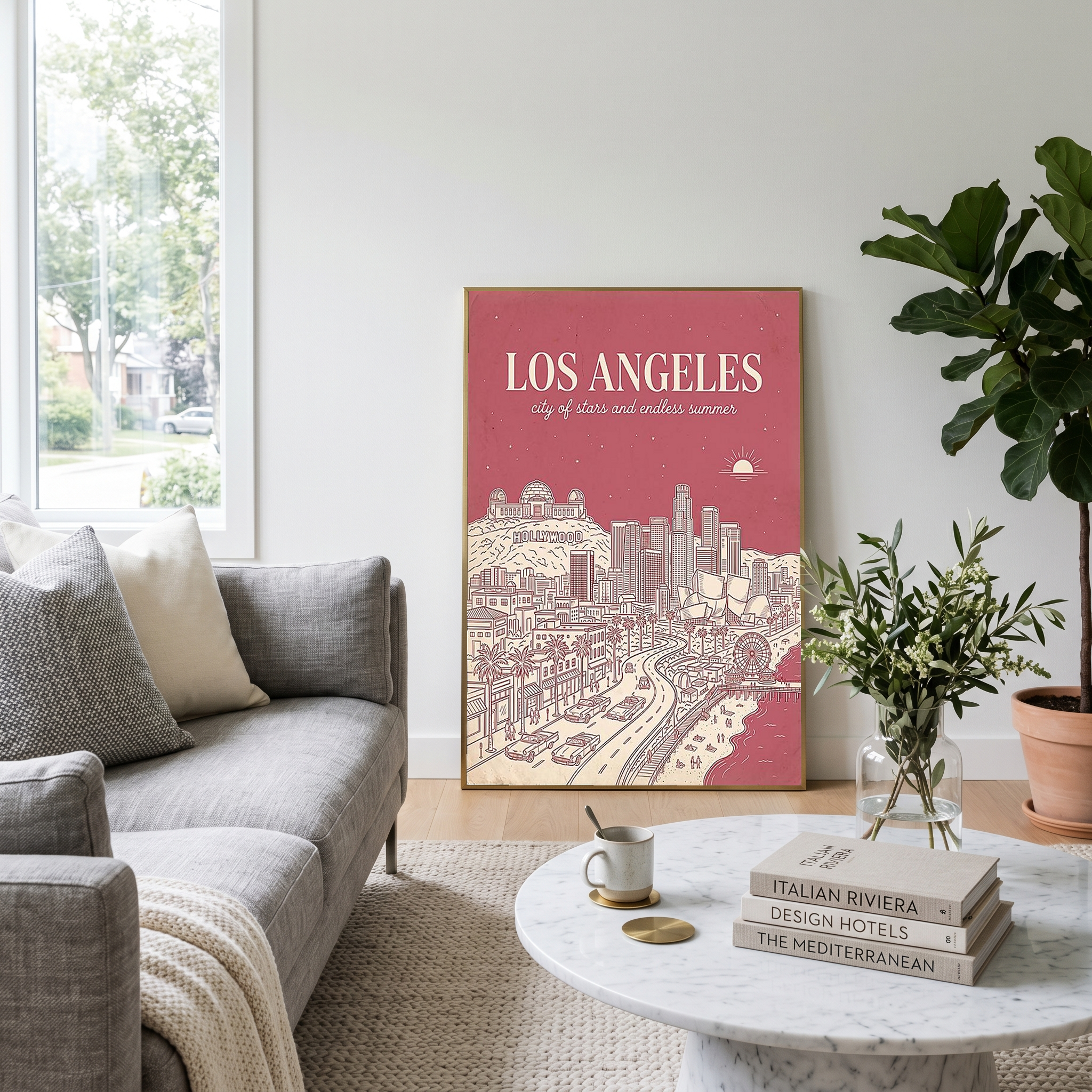 Los Angeles Line Art Print — Pink Hollywood Sign Downtown Skyline Wall Art