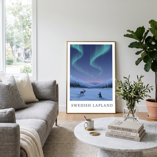 Swedish Lapland Travel Poster — Northern Lights Reindeer Sami Print
