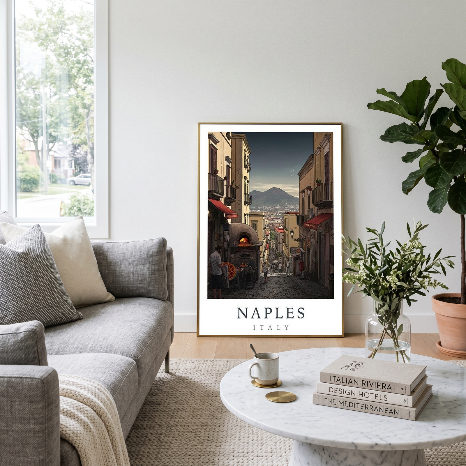 Naples Italy Travel Poster — Vesuvius Pizza Street Scene Print