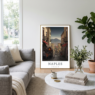 Naples Italy Travel Poster — Vesuvius Pizza Street Scene Print