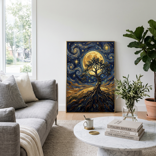 Tree of Life Full Moon Print — Van Gogh-Style Mystical Spiritual Wall Art