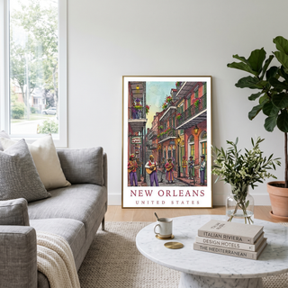 New Orleans Travel Poster — French Quarter Jazz Buskers Street Print
