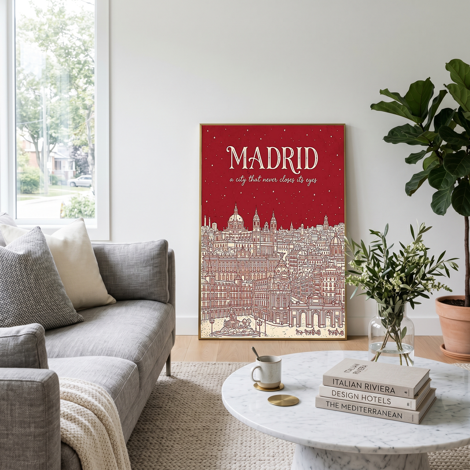 Madrid Line Art Print — Cherry Red Royal Palace Plaza Mayor Skyline Wall Art