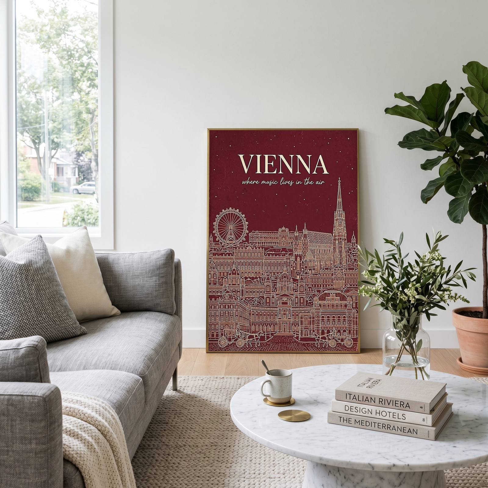 Vienna Line Art Print — Cherry Red St. Stephen's Cathedral Skyline Wall Art