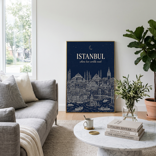 Istanbul Line Art Print — Navy Bosphorus Skyline Hagia Sophia Wall Art