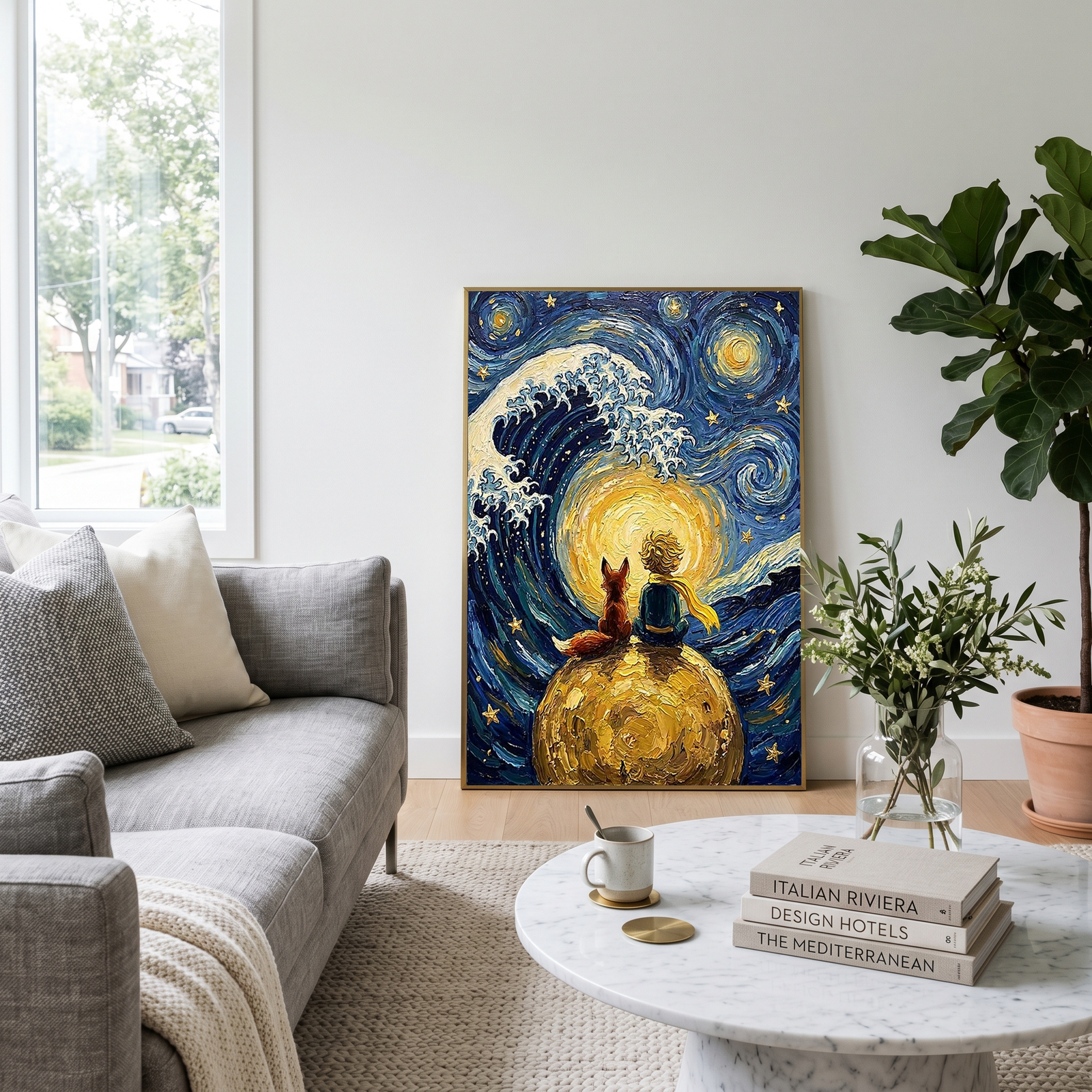 Little Prince Fox &amp; Planet Print — Van Gogh-Style Nursery Wall Art