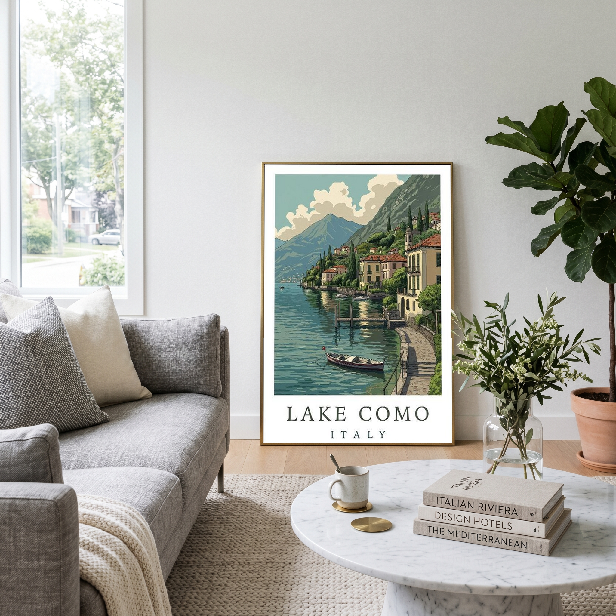 Lake Como Italy Travel Poster — Lakeside Village Boat Landscape Print