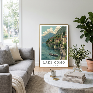 Lake Como Italy Travel Poster — Lakeside Village Boat Landscape Print