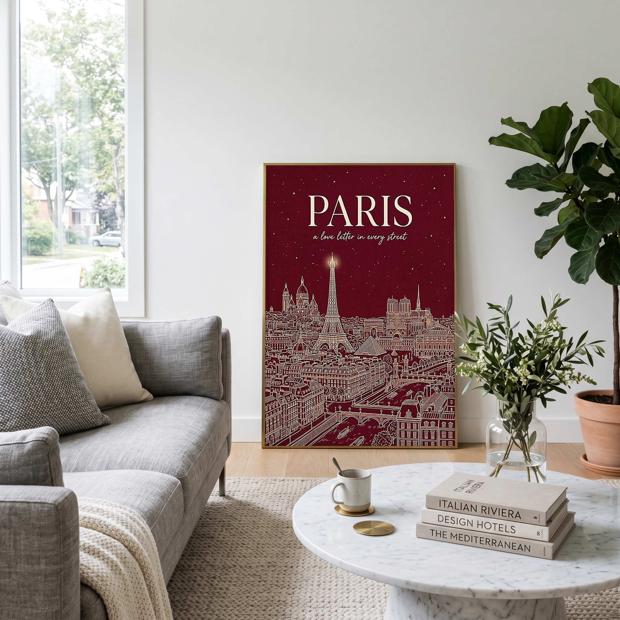 Paris Line Art Print — Burgundy Eiffel Tower Skyline Wall Art