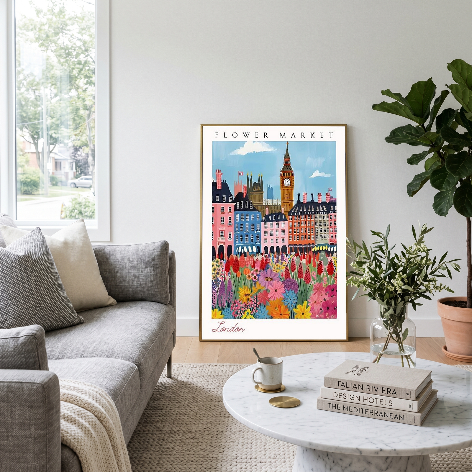 London Flower Market Print — Big Ben Cityscape British Botanical Art