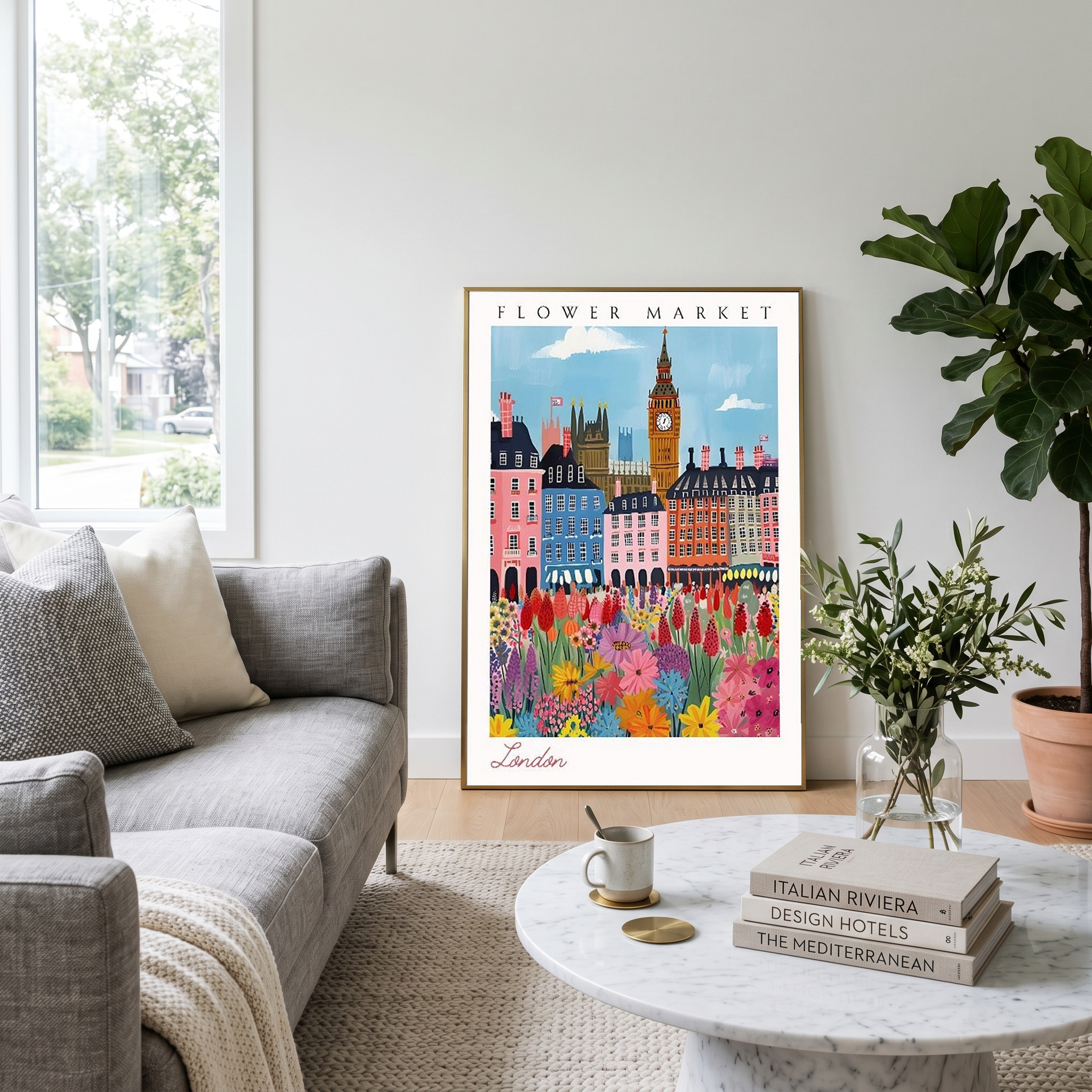 London Flower Market Print — Big Ben Cityscape British Botanical Art