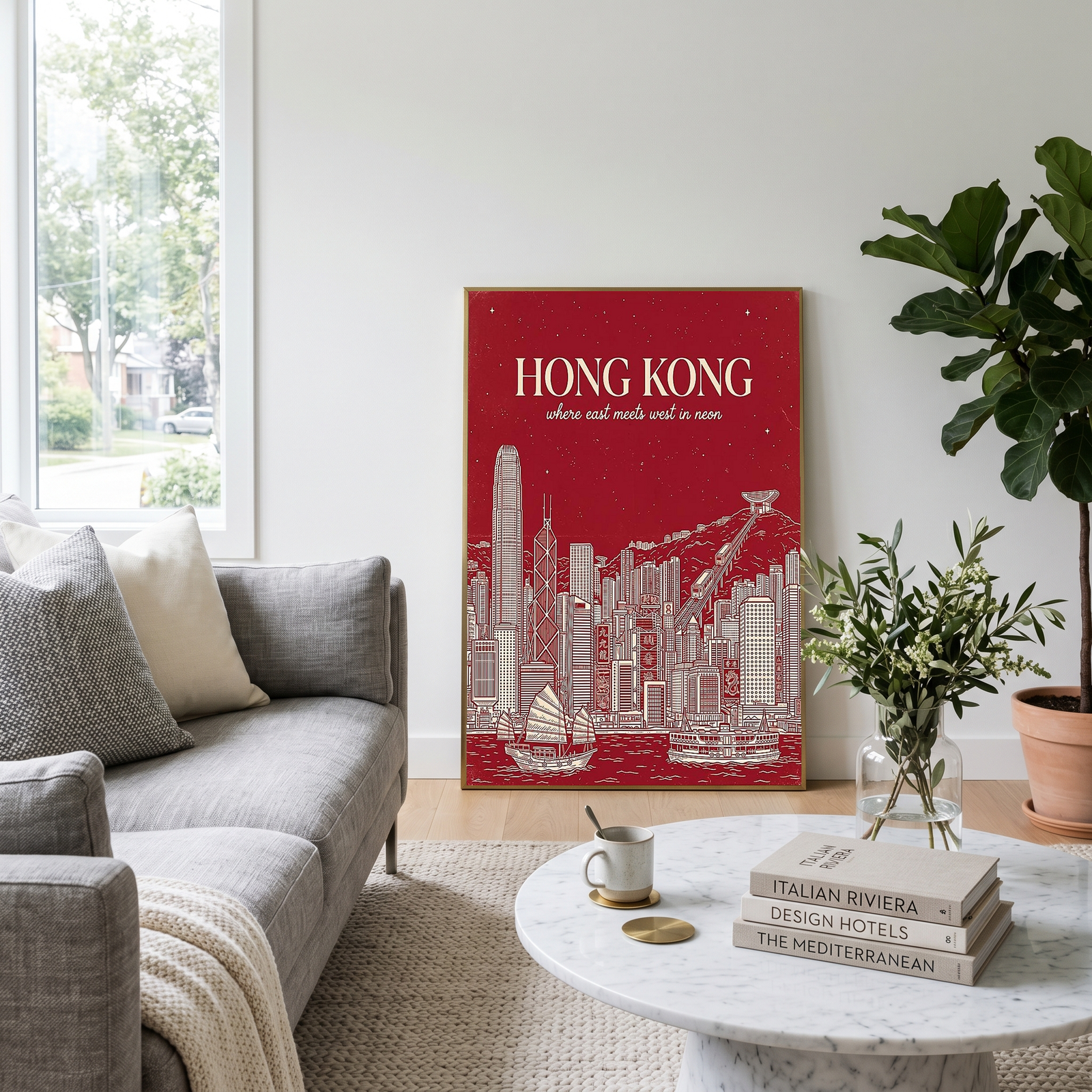 Hong Kong Line Art Print — Crimson Victoria Harbour Skyline Junk Boat Wall Art