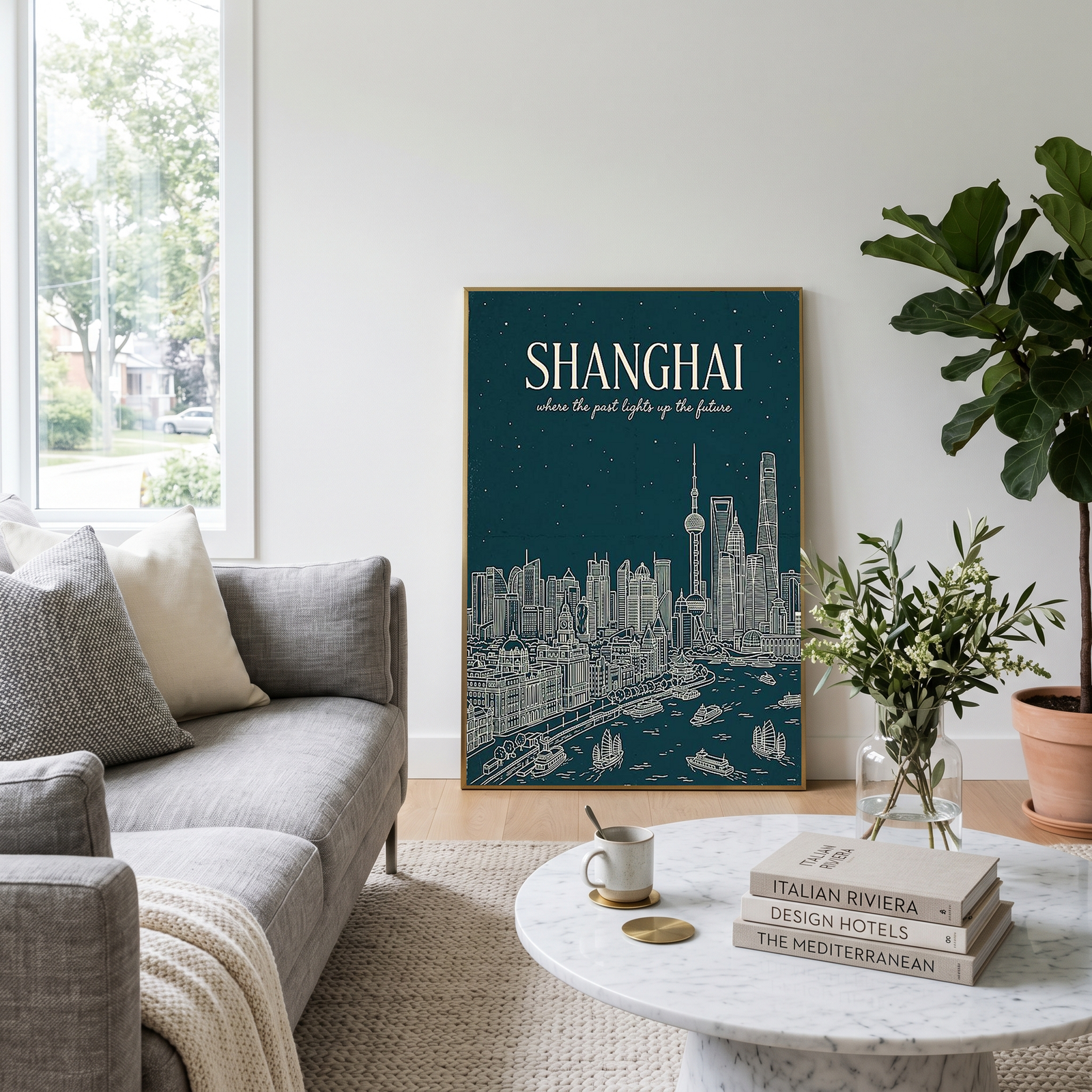 Shanghai Line Art Print — Teal Oriental Pearl Tower The Bund Skyline Wall Art