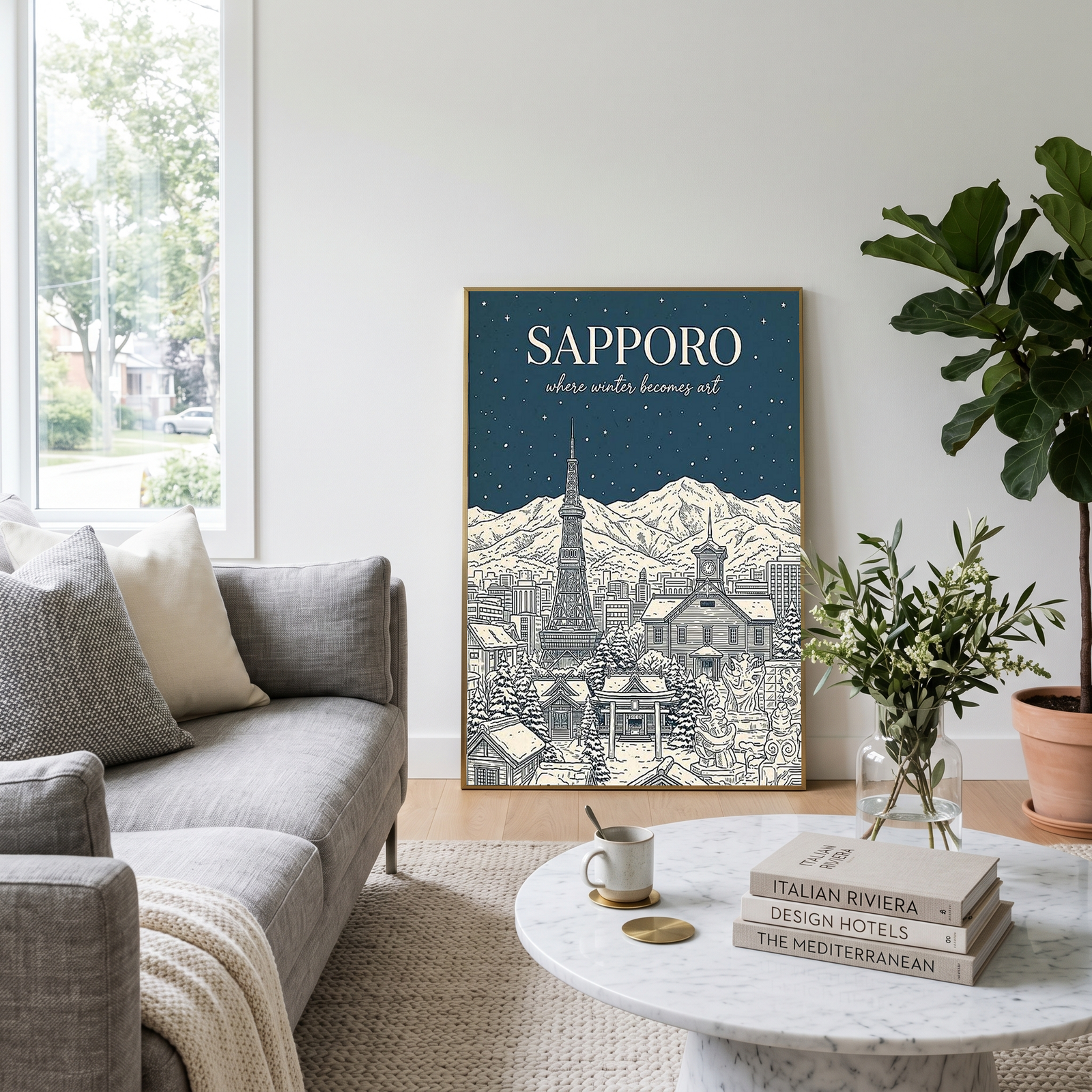 Sapporo Line Art Print — Steel Blue Snow Festival TV Tower Wall Art