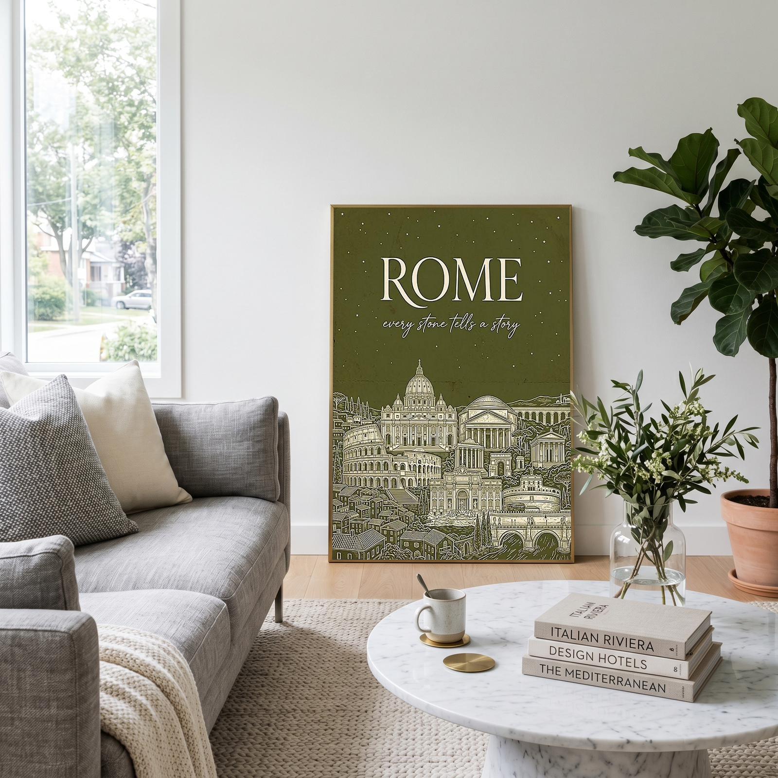 Rome Line Art Print — Olive Green Colosseum Vatican Skyline Wall Art