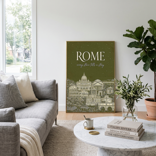 Rome Line Art Print — Olive Green Colosseum Vatican Skyline Wall Art