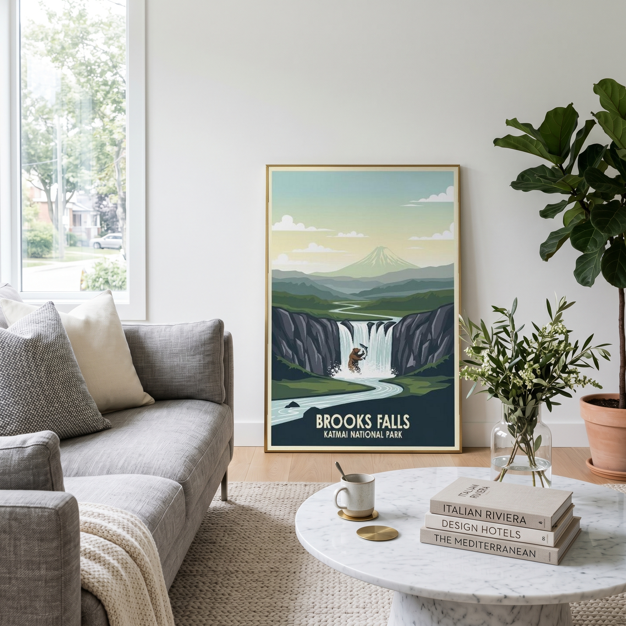Katmai National Park Poster — Vintage Alaska Brooks Falls Brown Bear Salmon Print